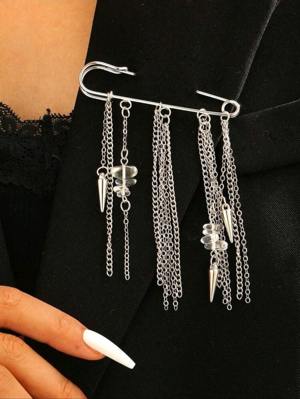 Silver Safety Pin Chain Drop Brooch - Women Jewelry